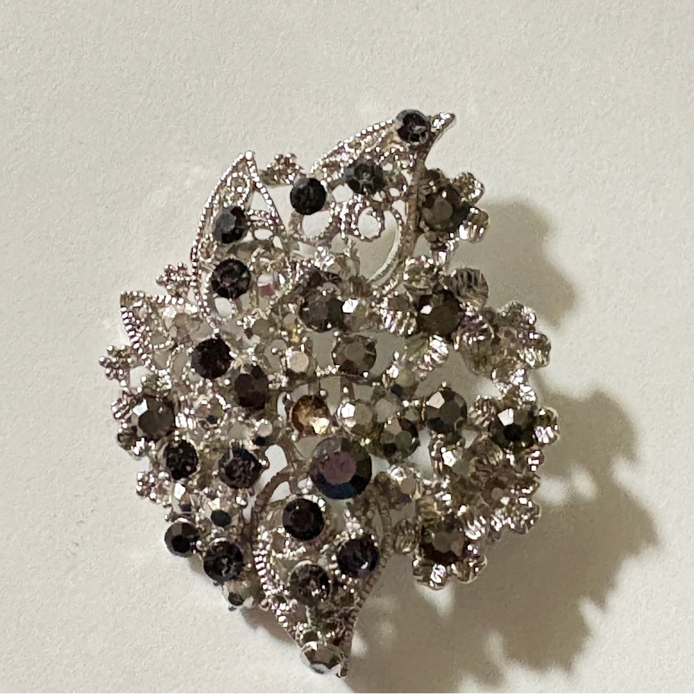 Sparkling Silver tone and Black Gem Brooch